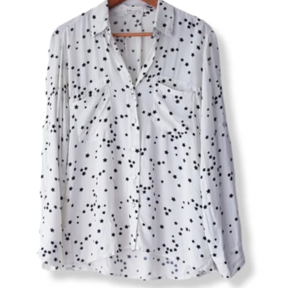 Women's JUST LIVING Ivory & Black Star-Print Collared Button-Down Top Blouse